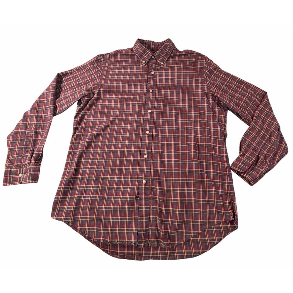Ralph Lauren Men's L Plaid Button Down Shirt Burgundy Brown Long Sleeve Cotton